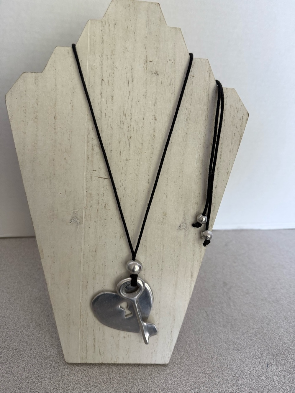Silver Heart & Key Pendant Necklace on Black Cord
